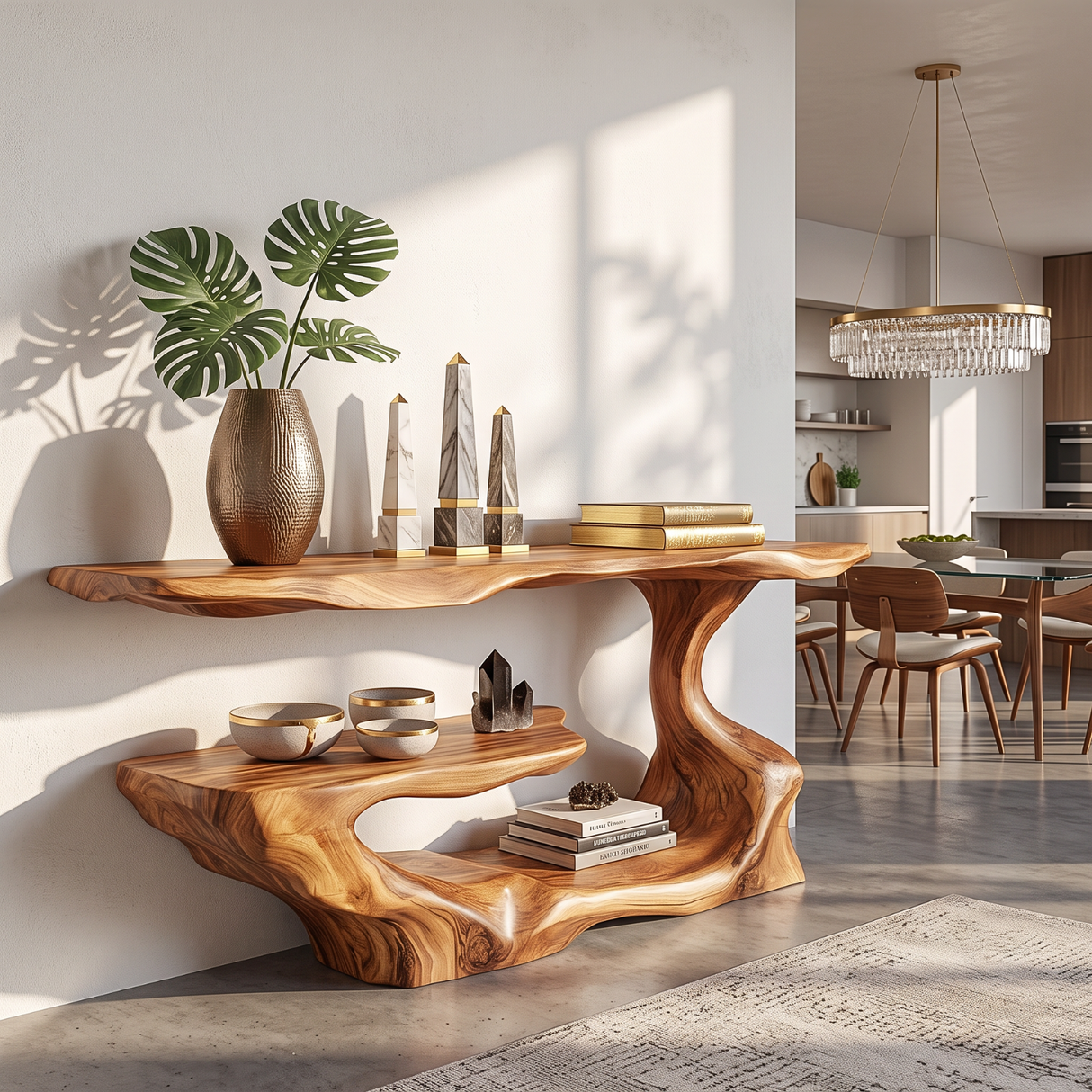 Handcrafted Solid Wood Console Table with Asymmetrical Tiered Shelves