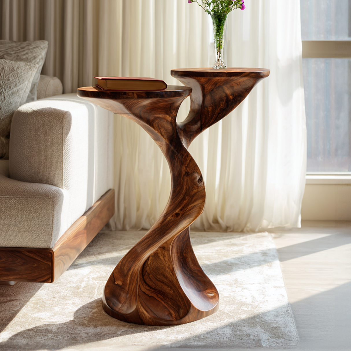 Sculptural Twisted Solid Wood End Table