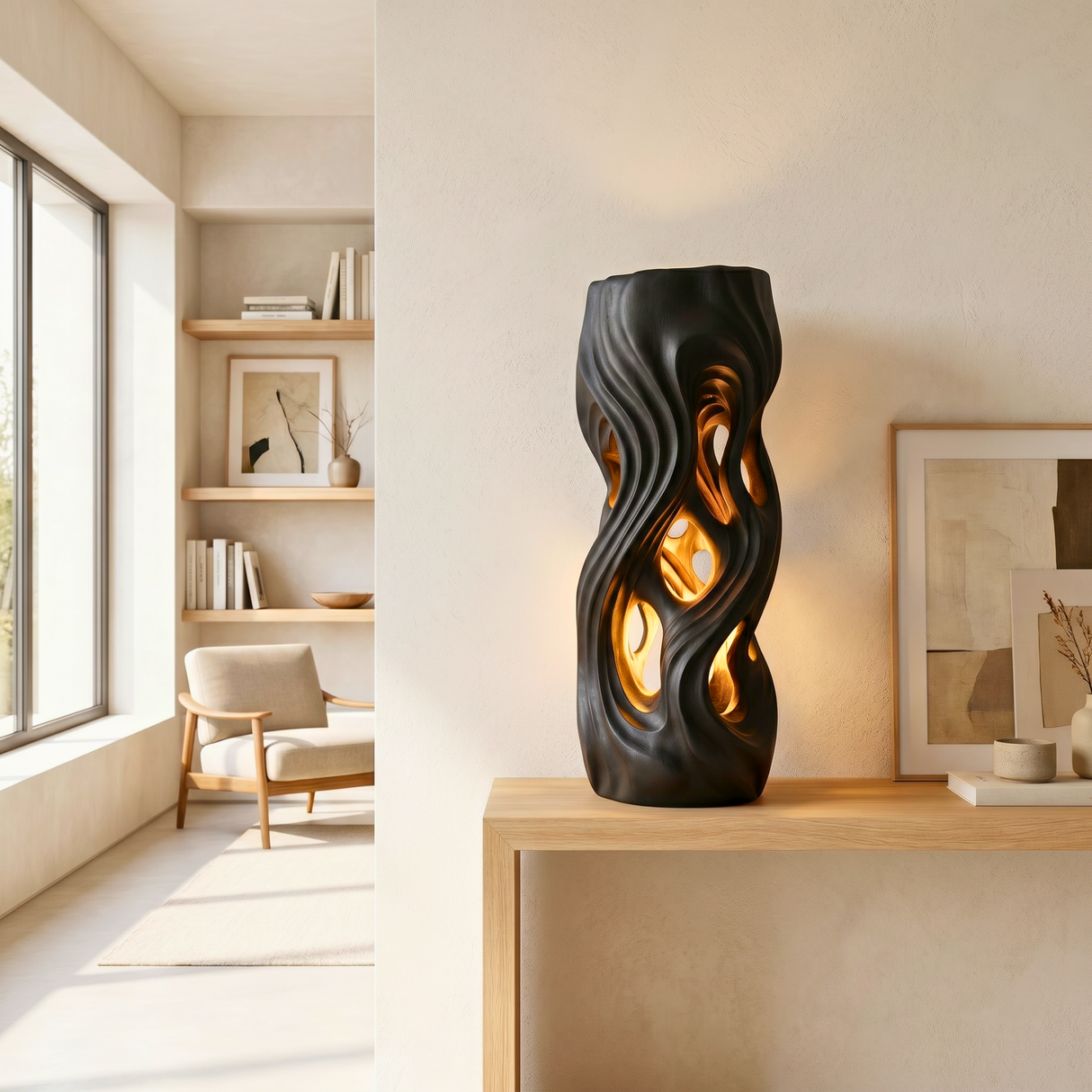 Wavescape Wood Table Lamp with Organic Cutouts