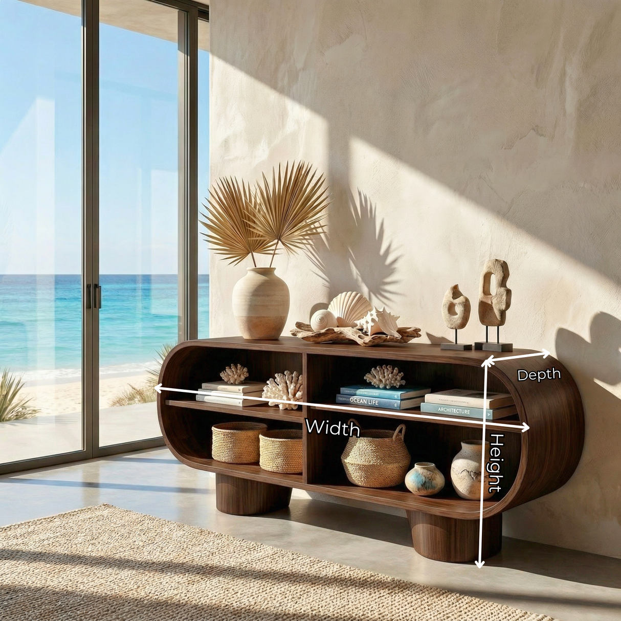 Rounded Solid Wood Sideboard with Open Shelving, Organic Modern Storage Console