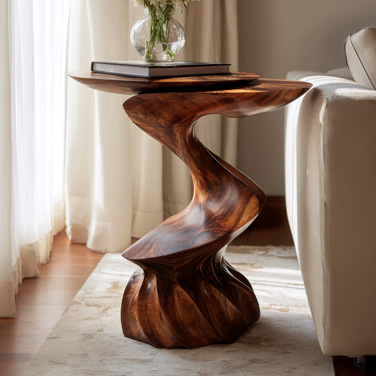 Twisted Sculptural Solid Wood Side Table