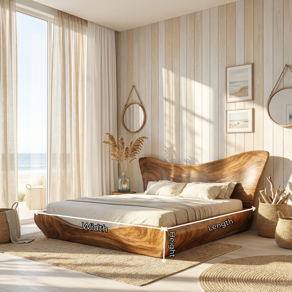 Sculptural Solid Wood Platform Bed with Organic Curved Headboard