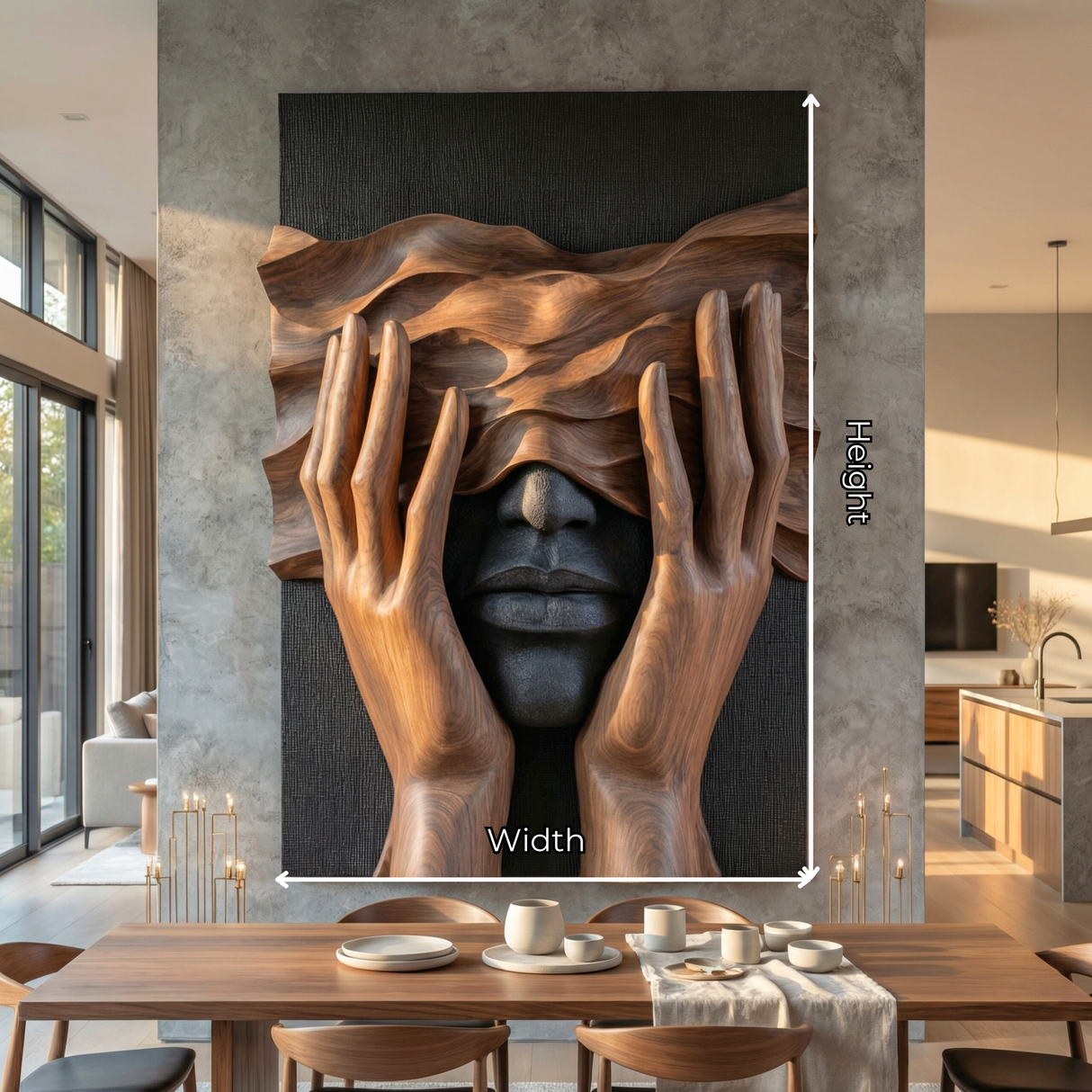 Handcrafted Solid Wood Wall Art Panel with Surreal Portrait and Sculptural Hands Relief