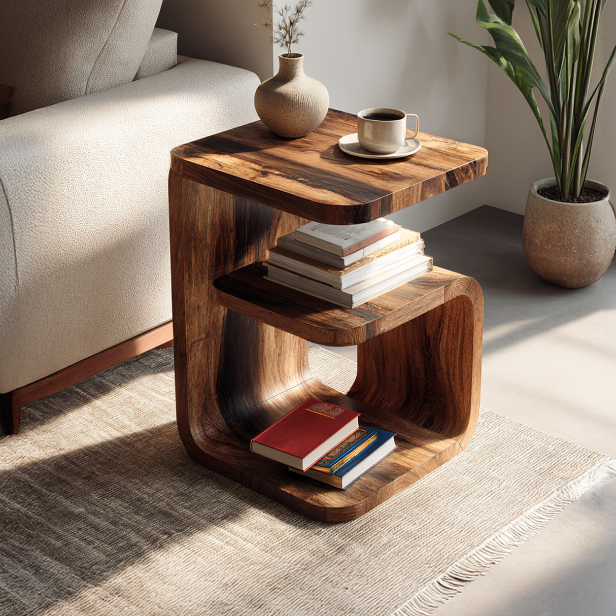 Solid Wood C-Shaped Side Table with Open Shelving