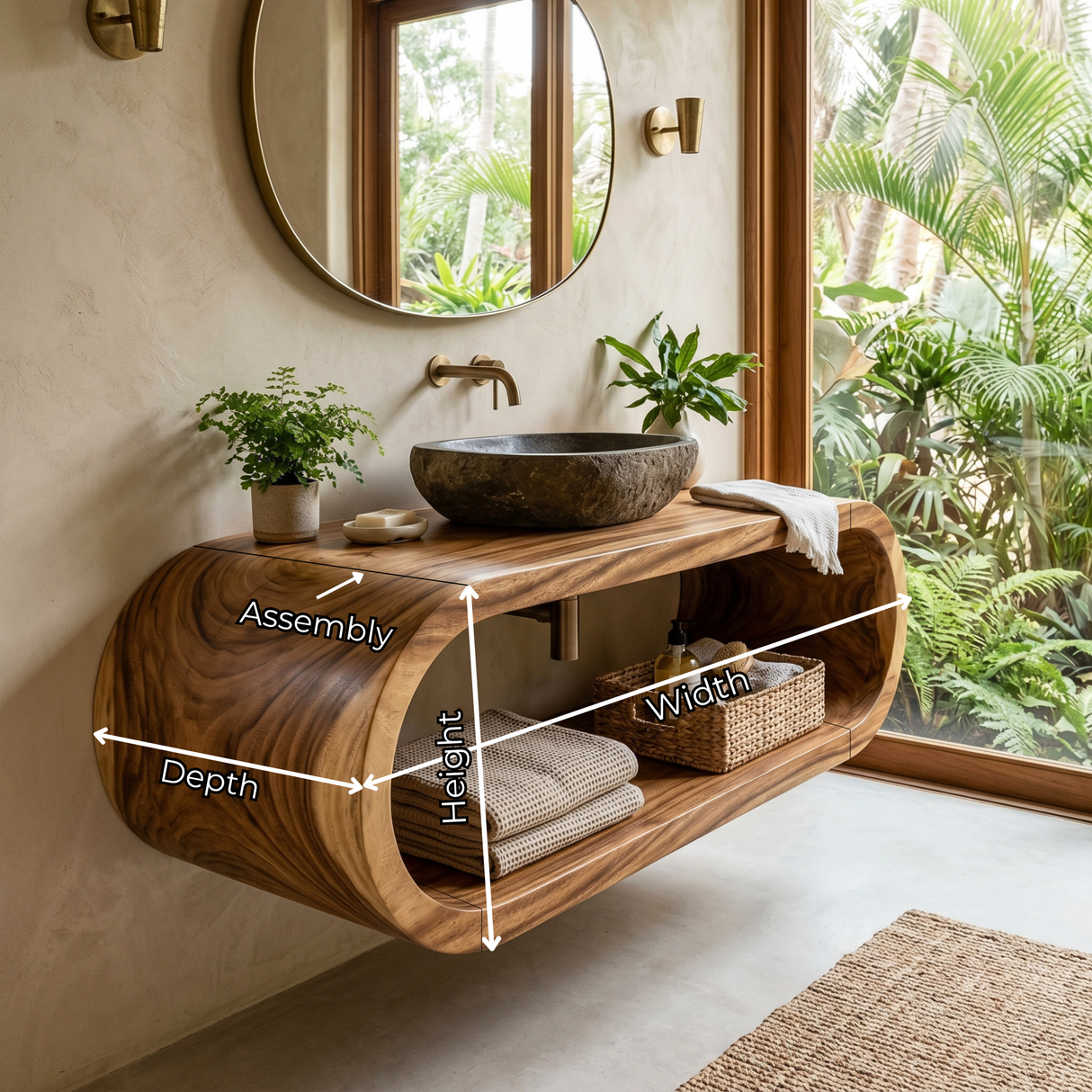 Organic Solid Wood Floating Bathroom Vanity with Sculptural Curved Form
