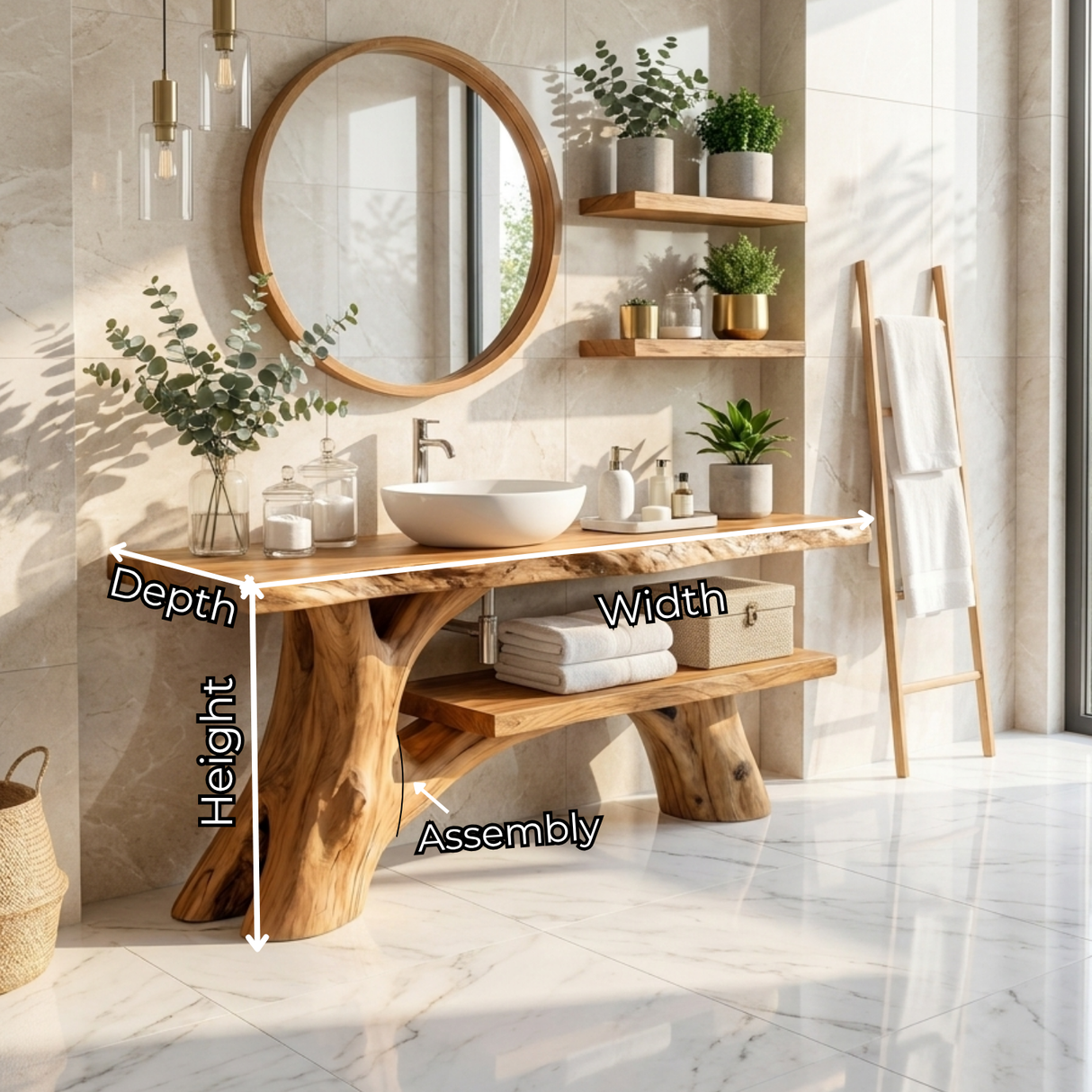 Bathroom Vanity Solid Wood with Organic Branch Legs and Open Shelf