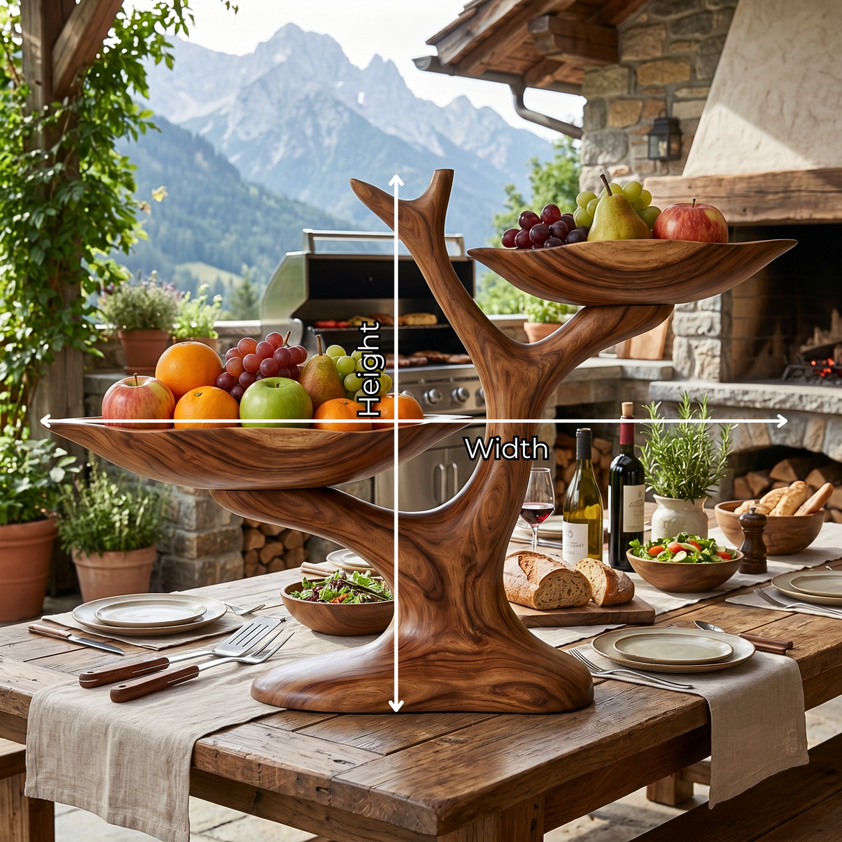 Handcrafted Two-Tier Solid Wood Fruit Bowl with Sculptural Tree Branch Stand