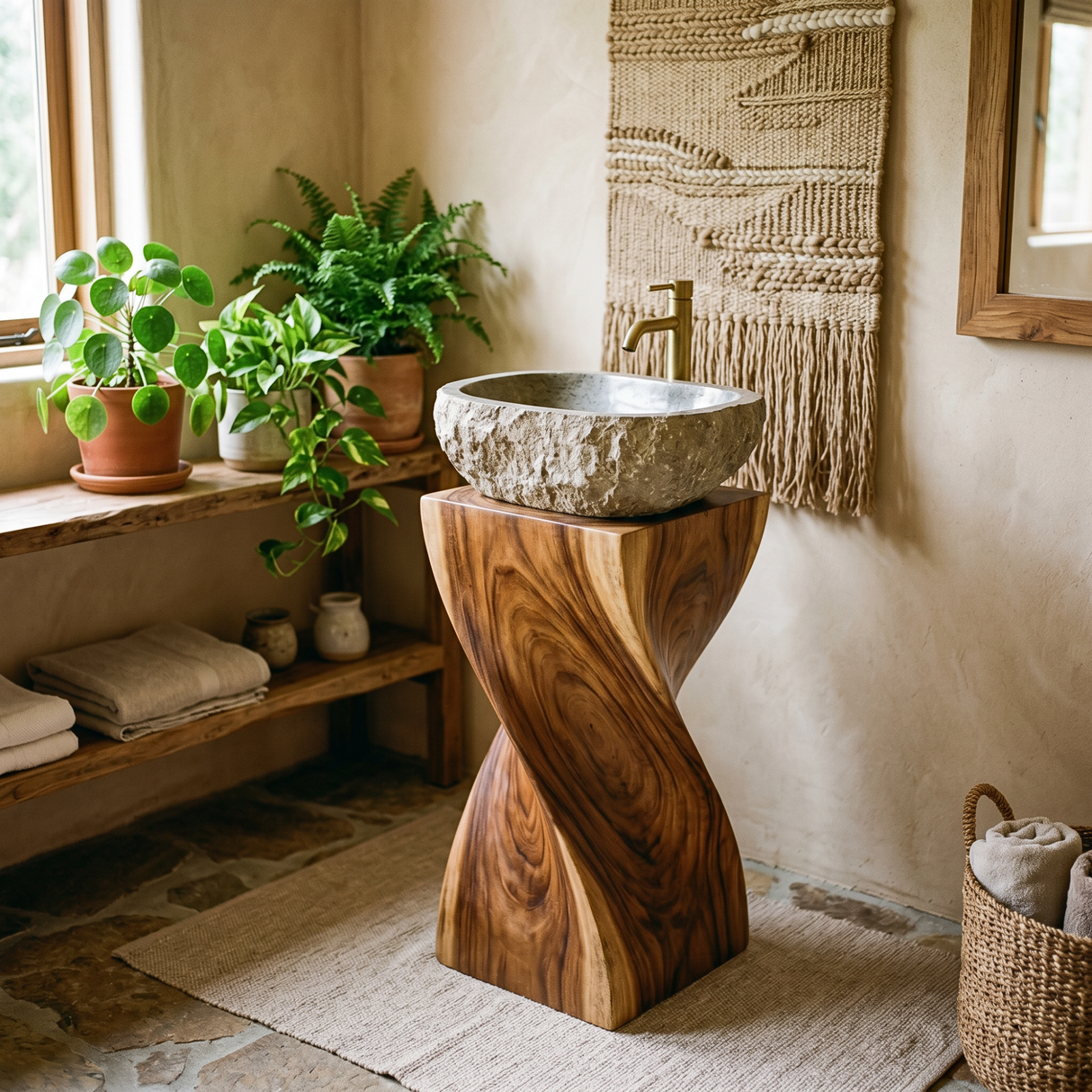 Twisted Solid Wood Pedestal Bathroom Sink Stand