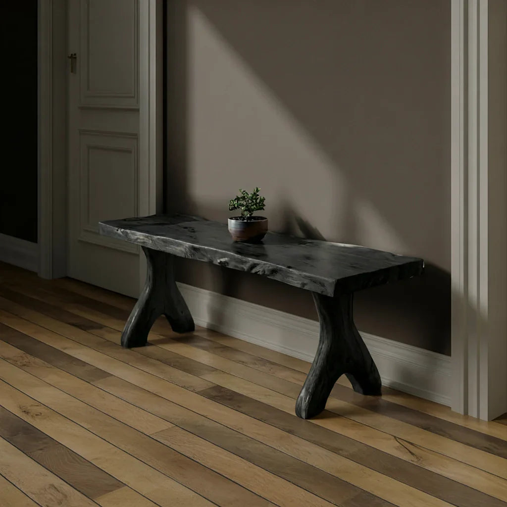 Live Edge Solid Wood Bench with Sculpted Legs for Modern Entryway
