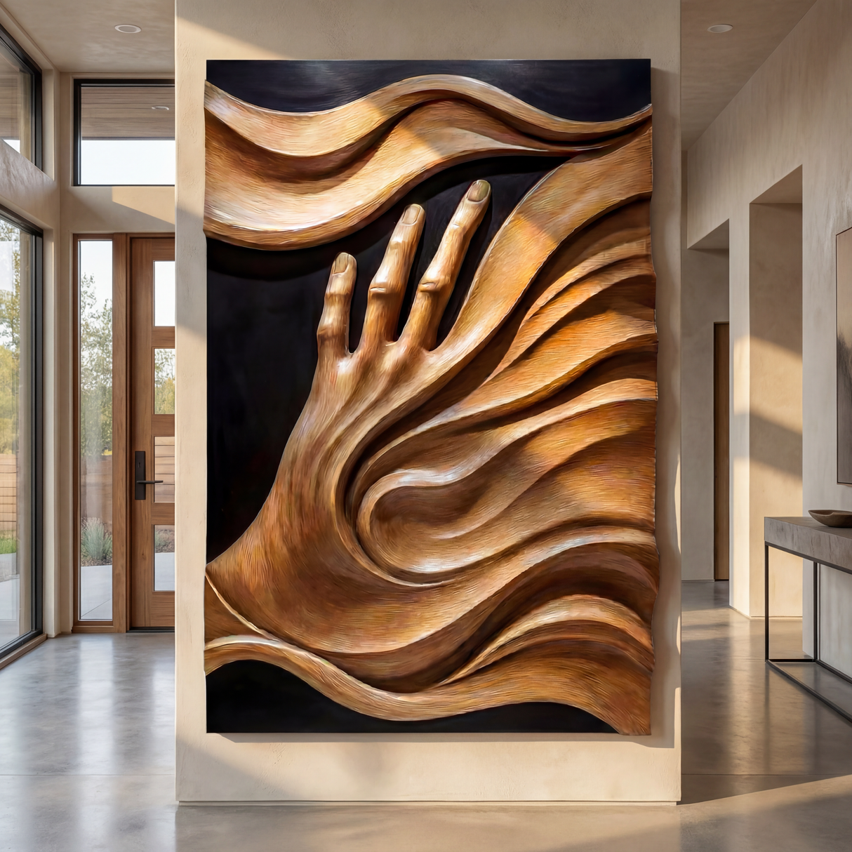 3D Flowing Wave Hand Sculpture Wall Art Solid Wood Handcrafted Decor