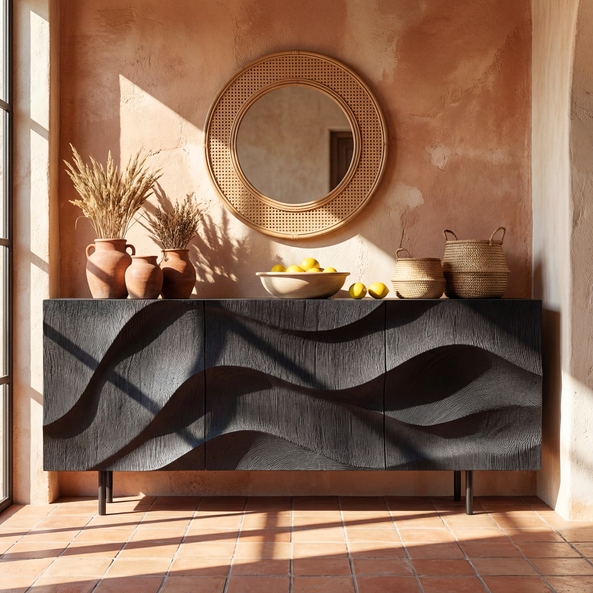 Black Sculpted Wave Front Sideboard Cabinet for Modern Living and Dining