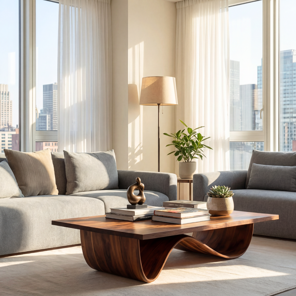 Sculptural Solid Wood Coffee Table with Curved Base
