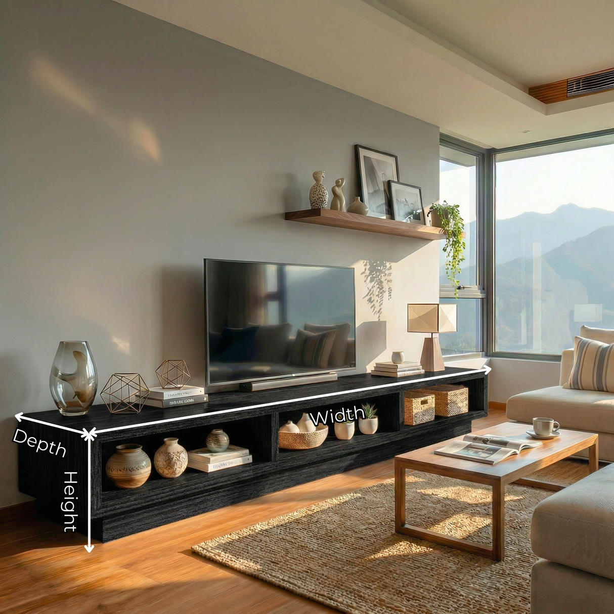 Solid Wood TV Cabinet with Open Display Shelves for Contemporary Living Rooms