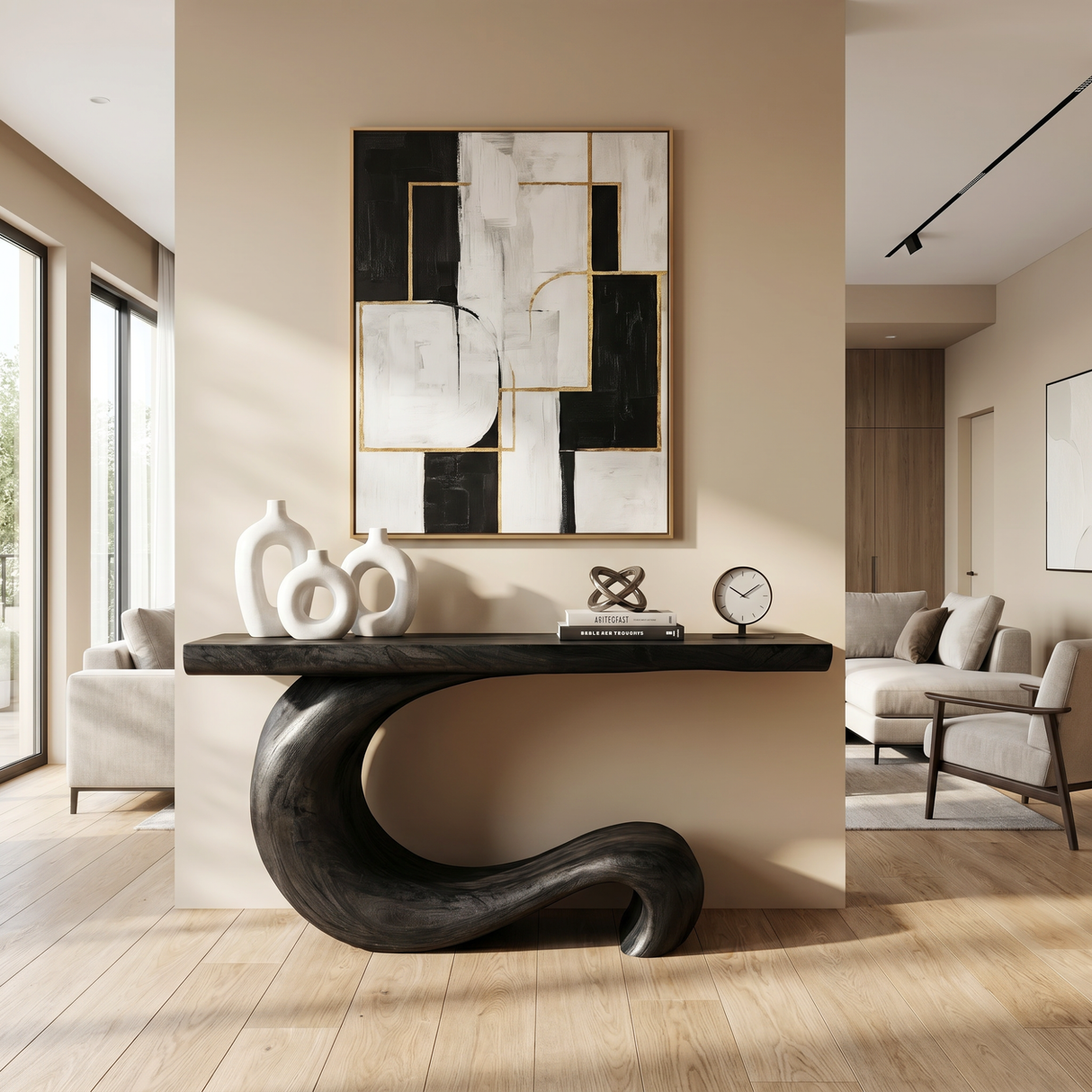 Console Table Solid Wood with Sculptural Curl Base for Entryway Decor