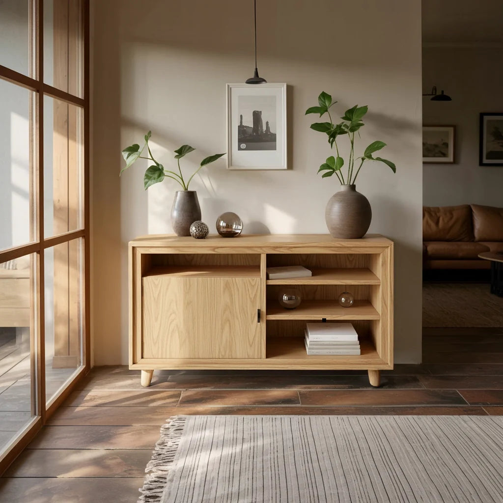 Dark Solid Wood Sideboard with Open Shelving for Modern Interiors