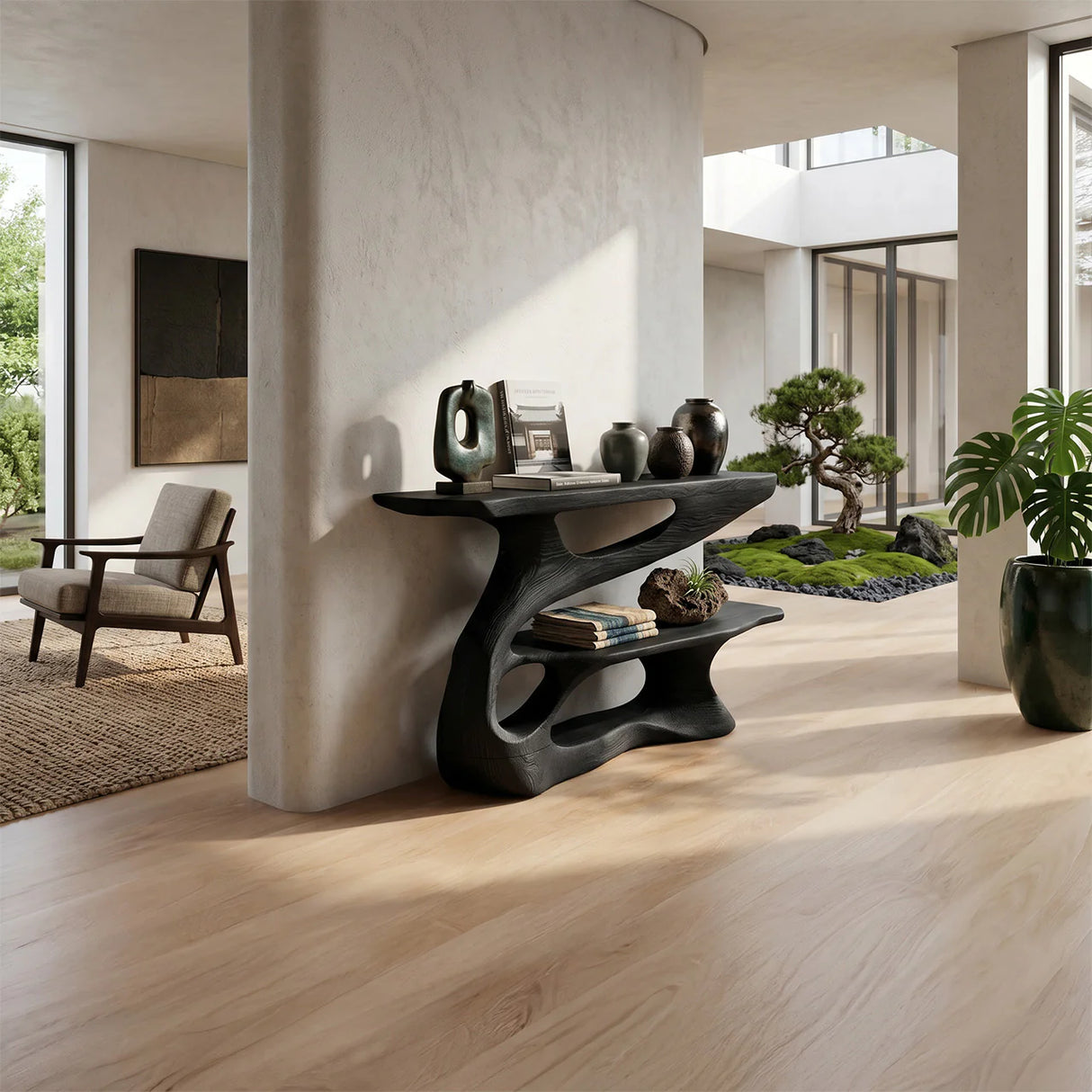 Modern Sculpted Wood Console Table with Open Shelf