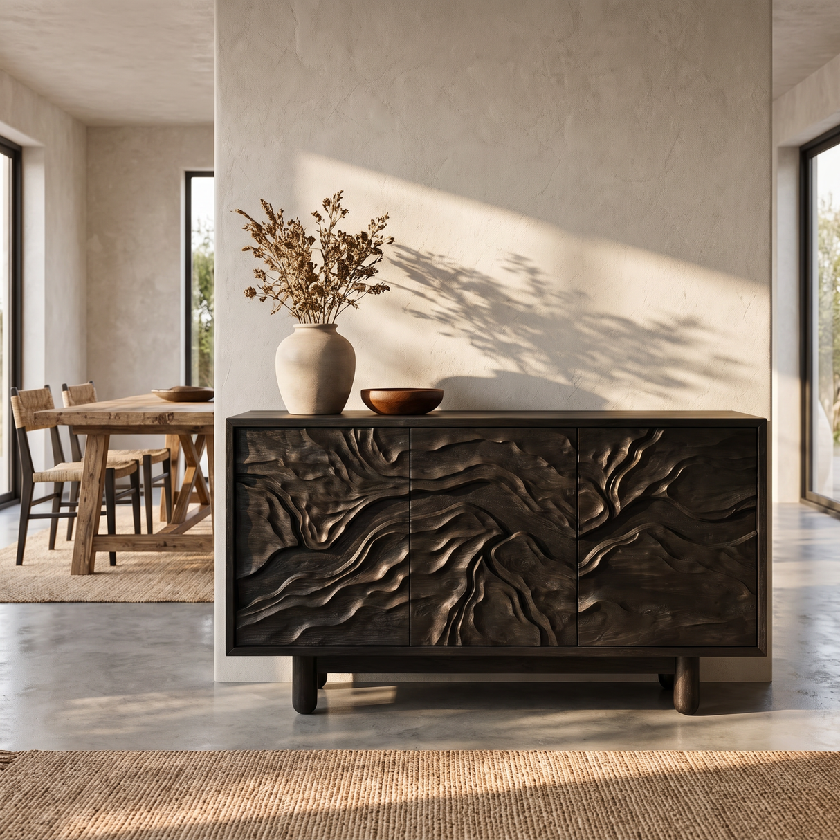 Sideboard Cabinet Solid Wood with Sculpted Flowing Relief Doors