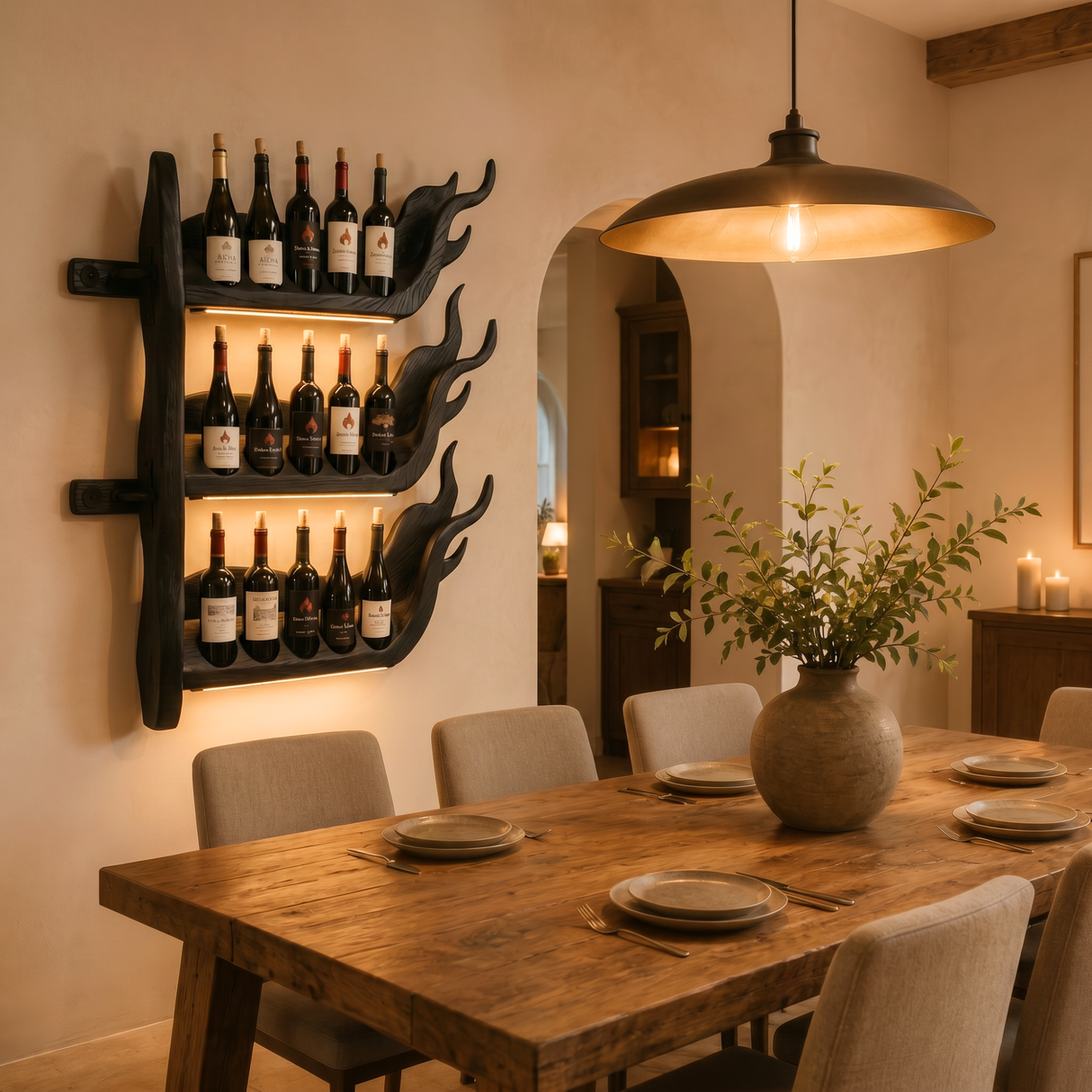 Modern Flame Inspired Solid Wood Wine Rack Wall Shelf
