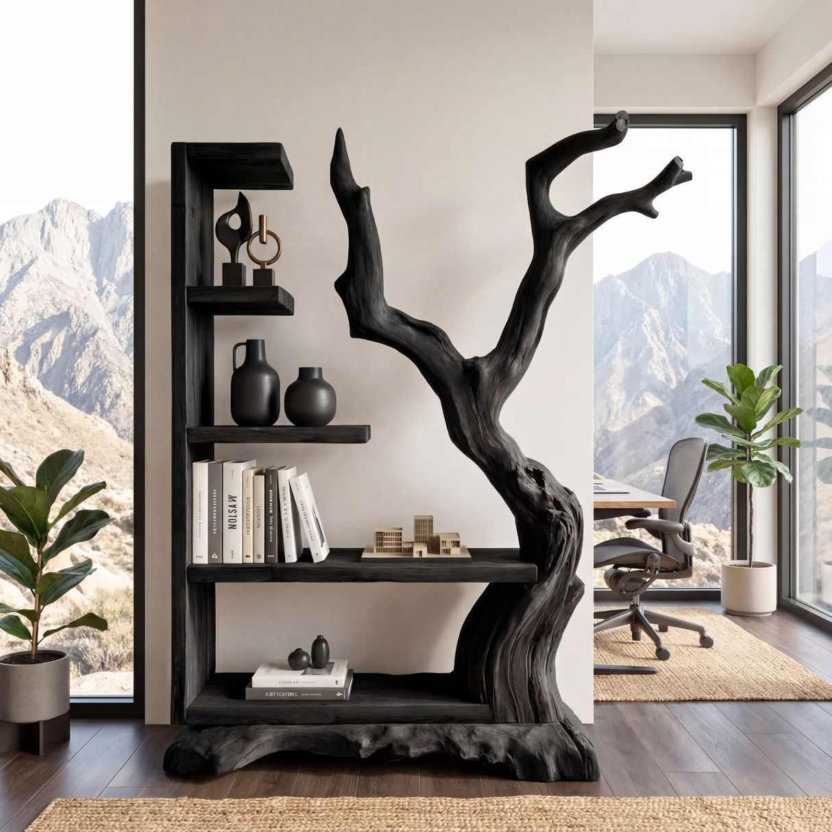 Tall Solid Wood Bookshelf with Sculptural Tree Form Organic Modern Display Shelf
