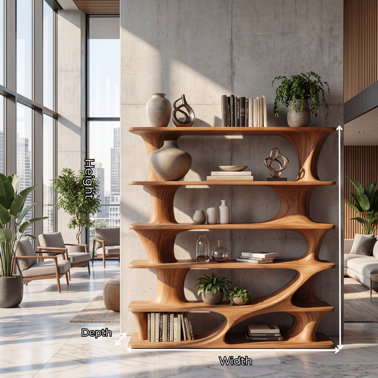 Architectural Tiered Wood Bookcase with Flowing Open Shelves