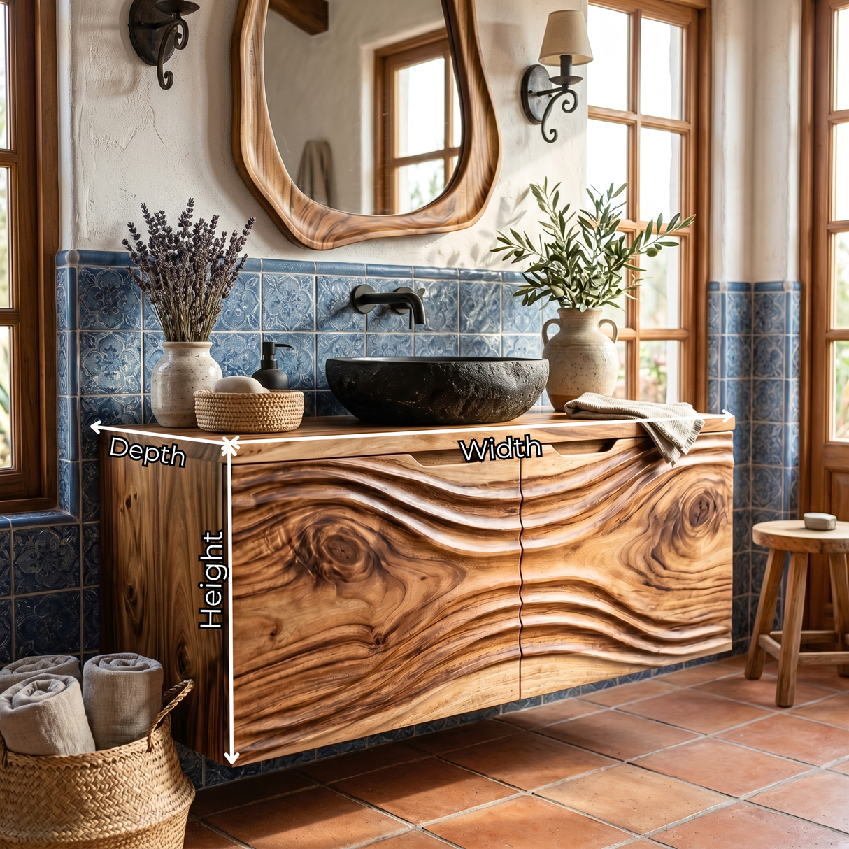 Hand Carved Solid Wood Bathroom Vanity with Flowing Organic Grain Design