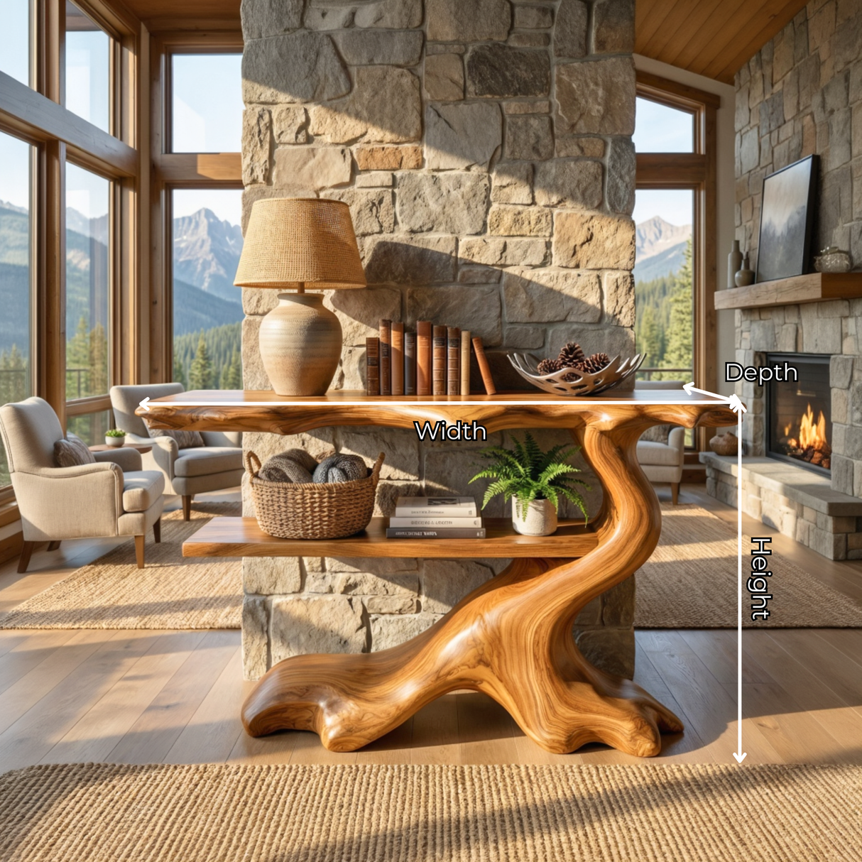 Sculptural Solid Wood Console Table with Open Shelf, Organic Entryway Table