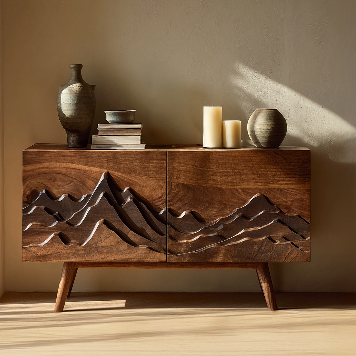 Carved Solid Wood Sideboard Mountain Relief Cabinet Modern Rustic Console Storage Buffet for Living Room