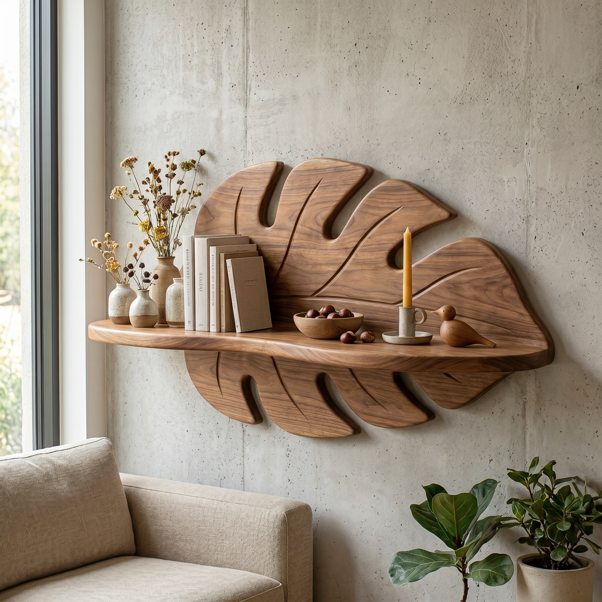 Hand Sculpted Solid Wood Tropical Leaf Wall Shelf with Display Ledge