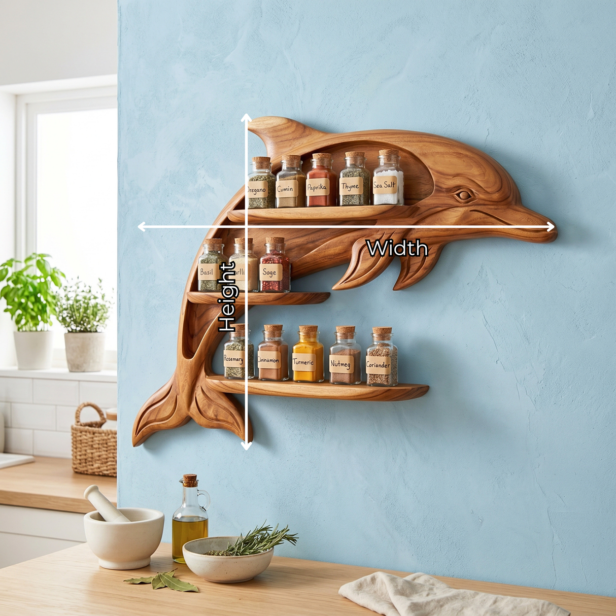 Sculptural Solid Wood Dolphin Spice Shelf with Staggered Wall Storage