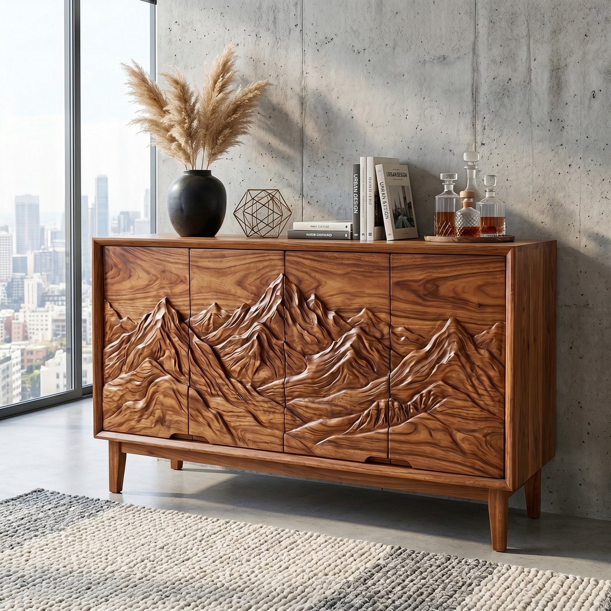 Organic Solid Wood Mountain Relief Sideboard Cabinet