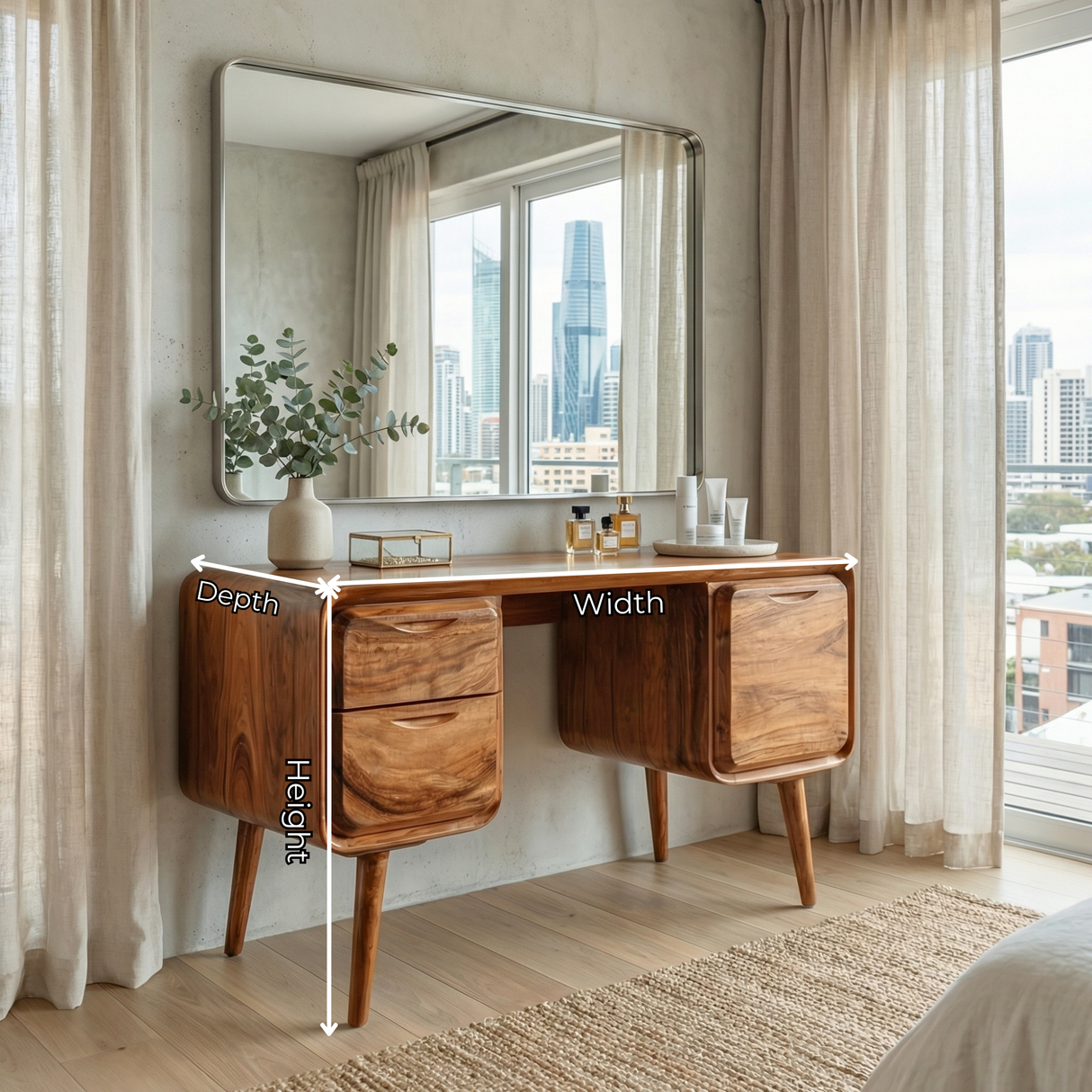 Rounded Solid Wood Vanity Table with Dual Side Drawers, Modern Dressing Table for Bedroom
