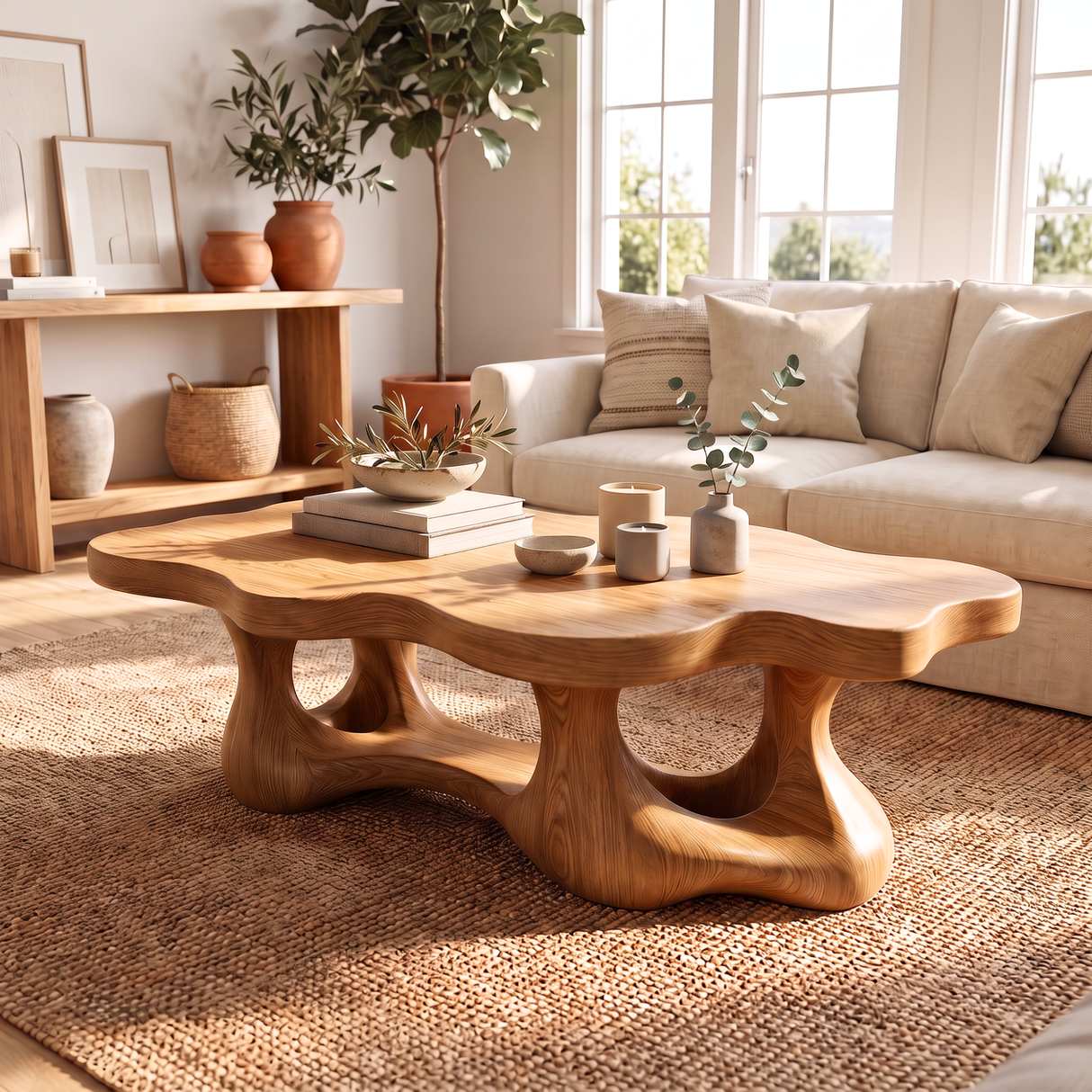 Coffee Table Solid Wood with Organic Double Loop Base for Living Room
