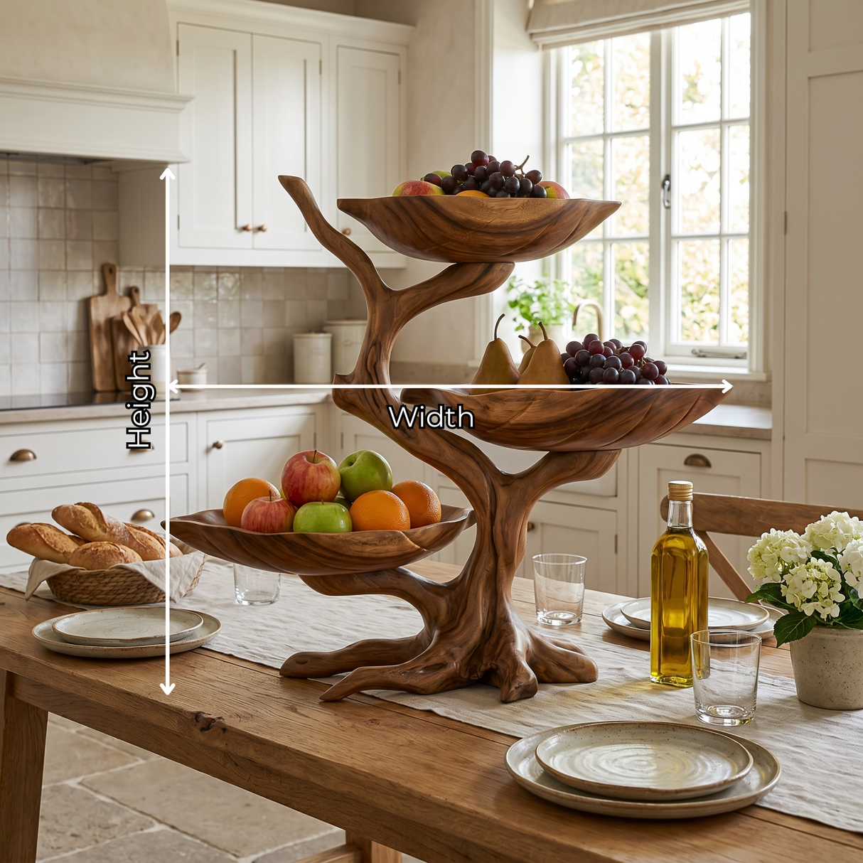 Solid Wood Three-Level Fruit Display Bowl with Organic Branch Pedestal