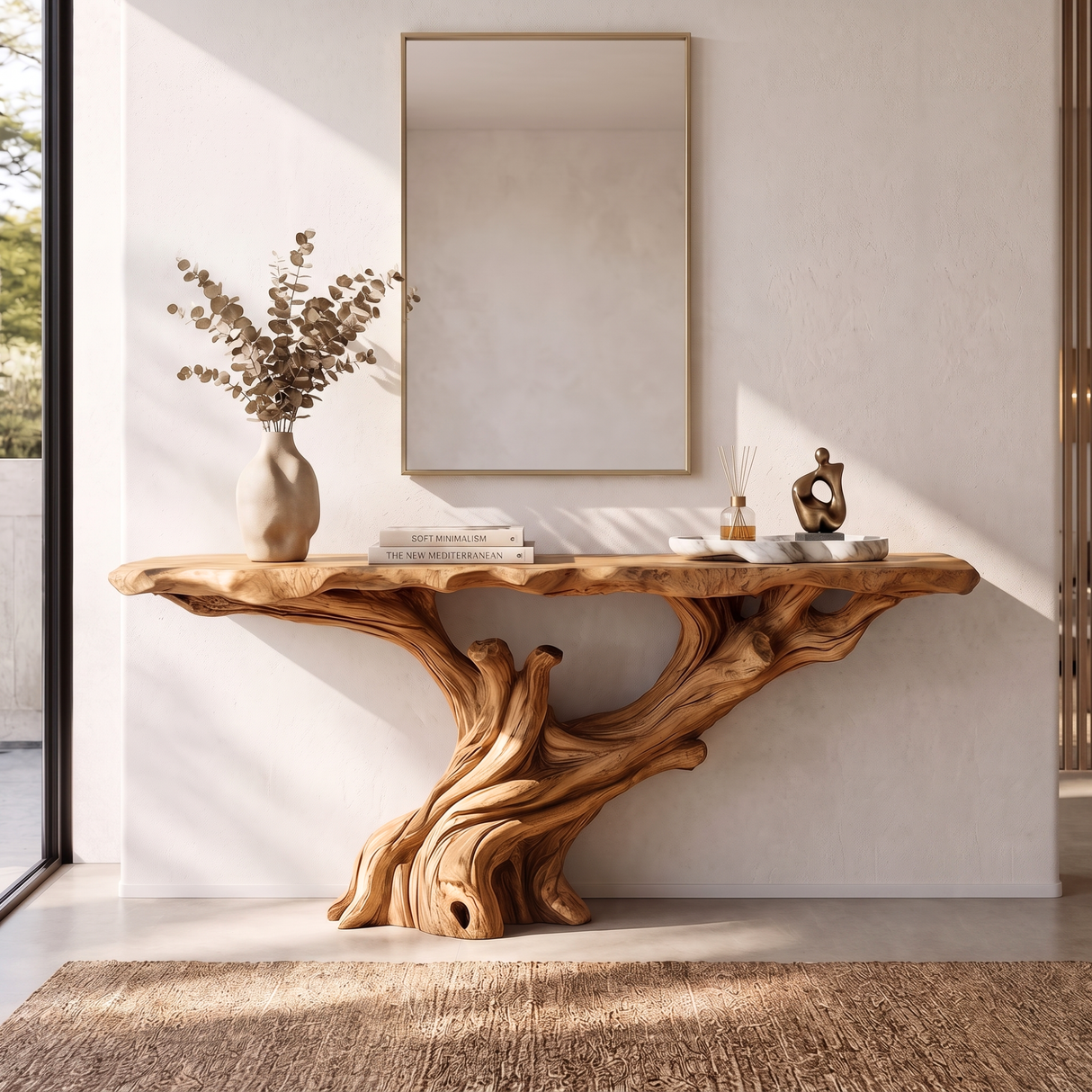 Console Table Solid Wood with Sculptural Tree Branch Base for Entryway