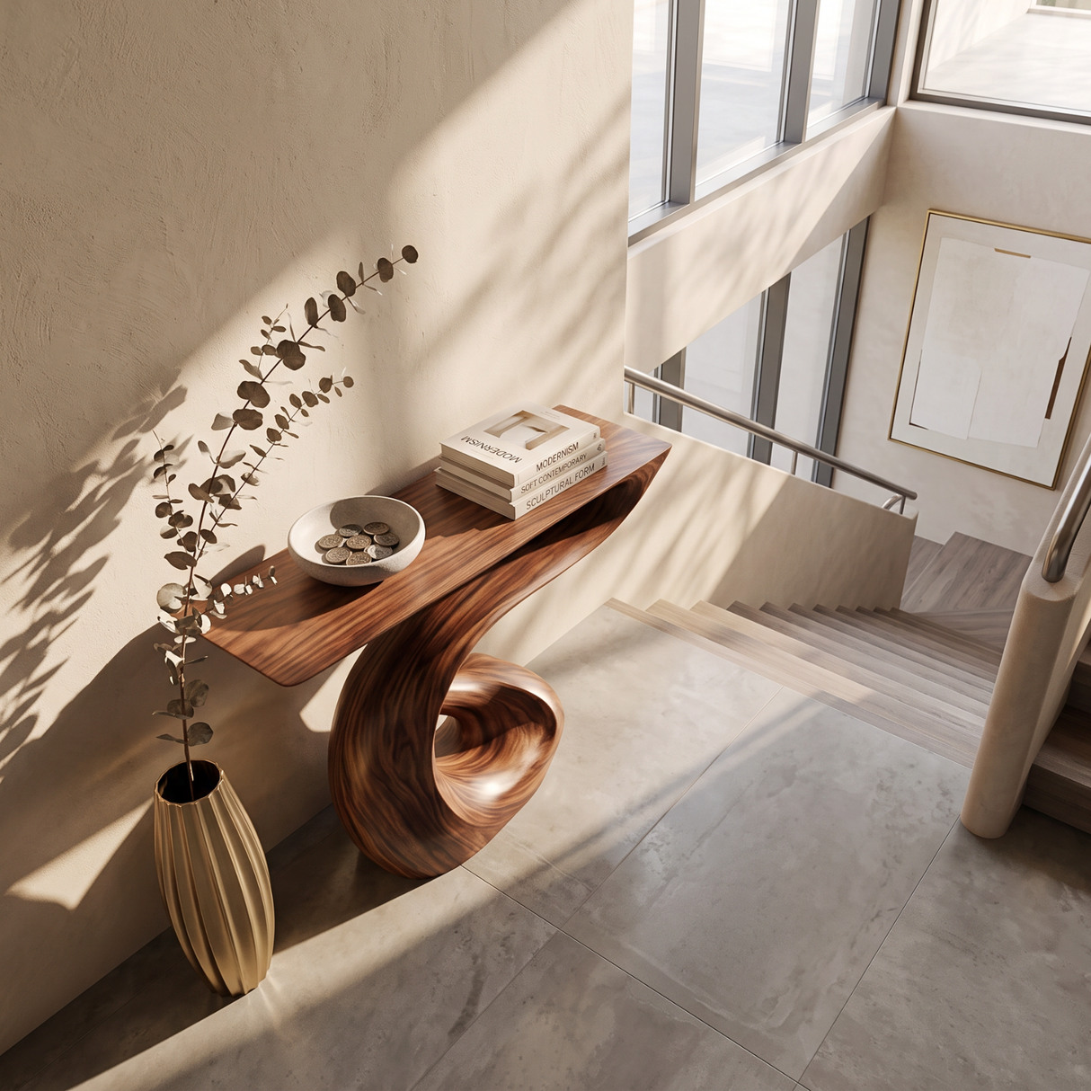 Organic Solid Wood Console Table with Sculptural S-Curve Base