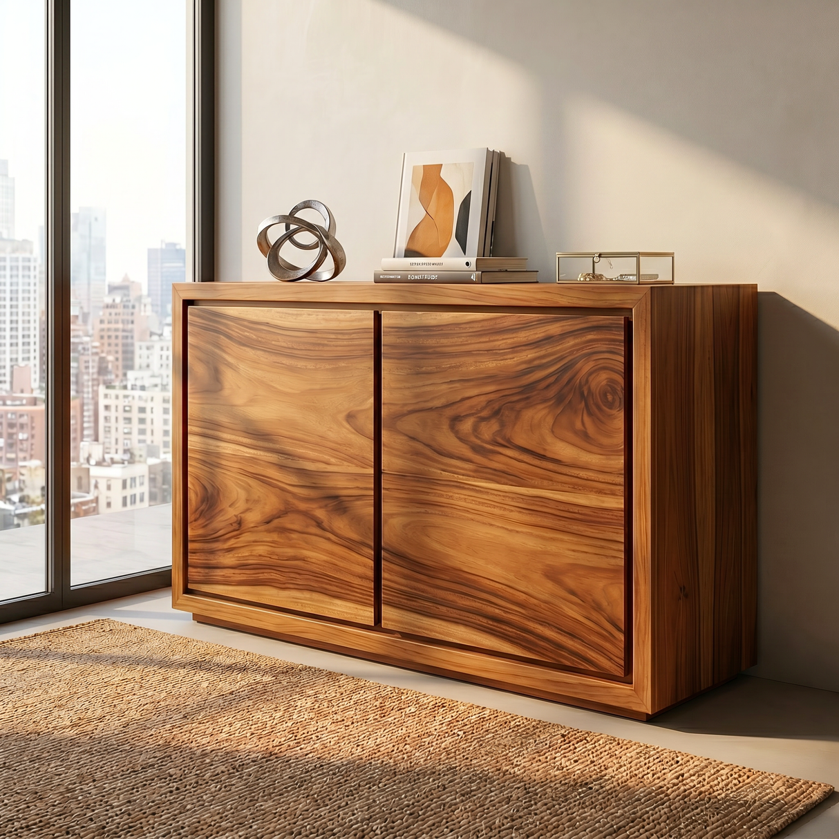Solid Wood Minimal Sideboard Cabinet with Continuous Grain Doors