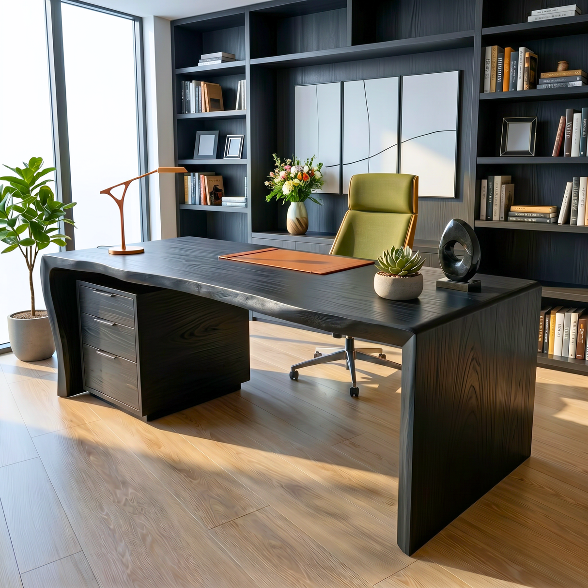 Organic Solid Wood Desk with Curved Edge and Drawer Storage