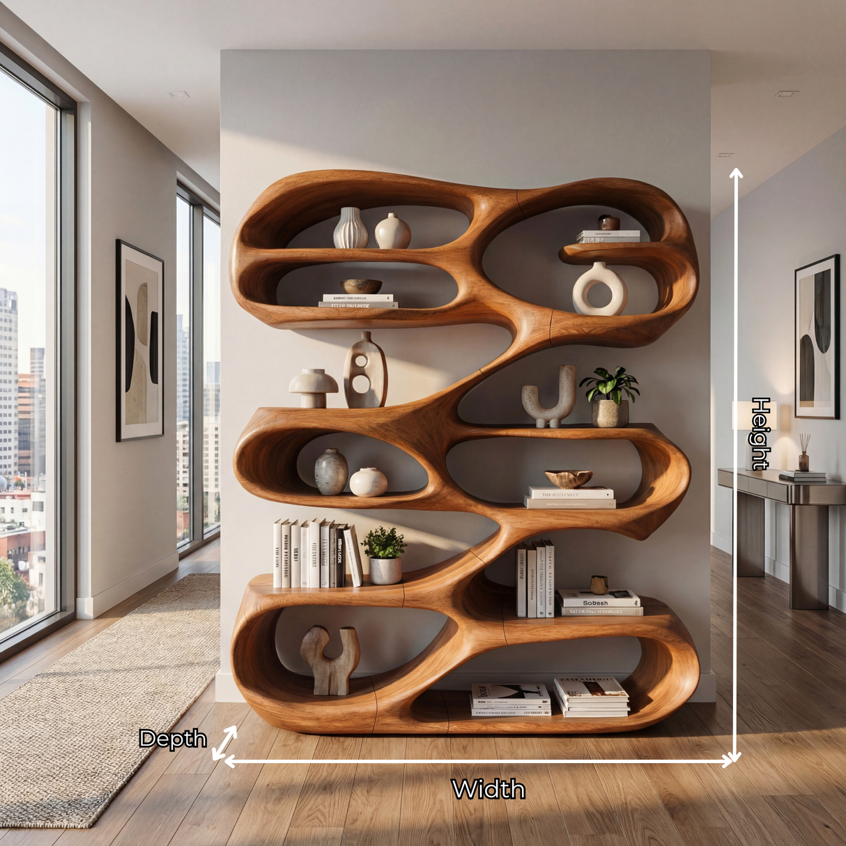 Freeform Wave Wood Bookcase with Open Sculptural Shelves