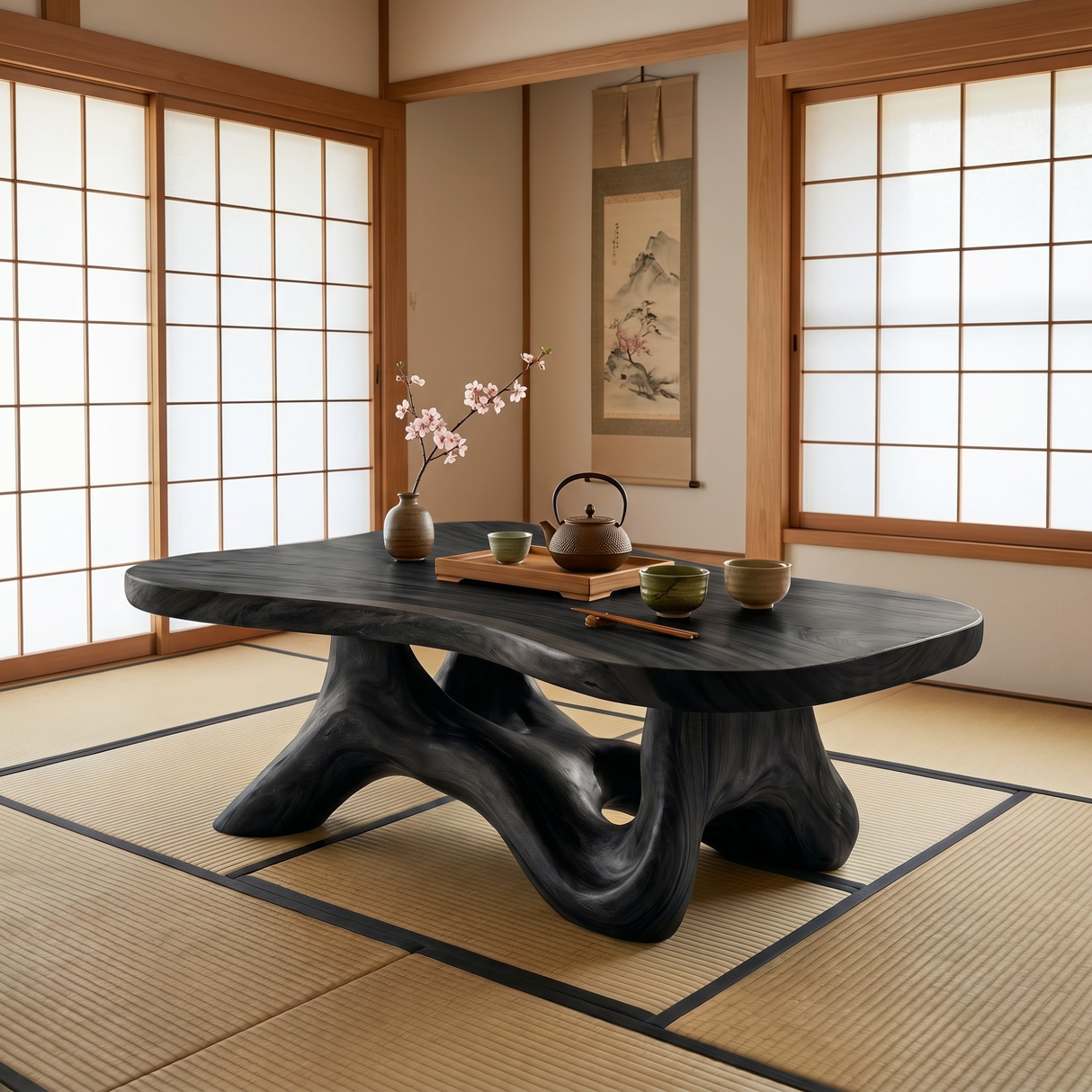 Handmade Solid Wood Coffee Table with Root-Like Sculptural Base