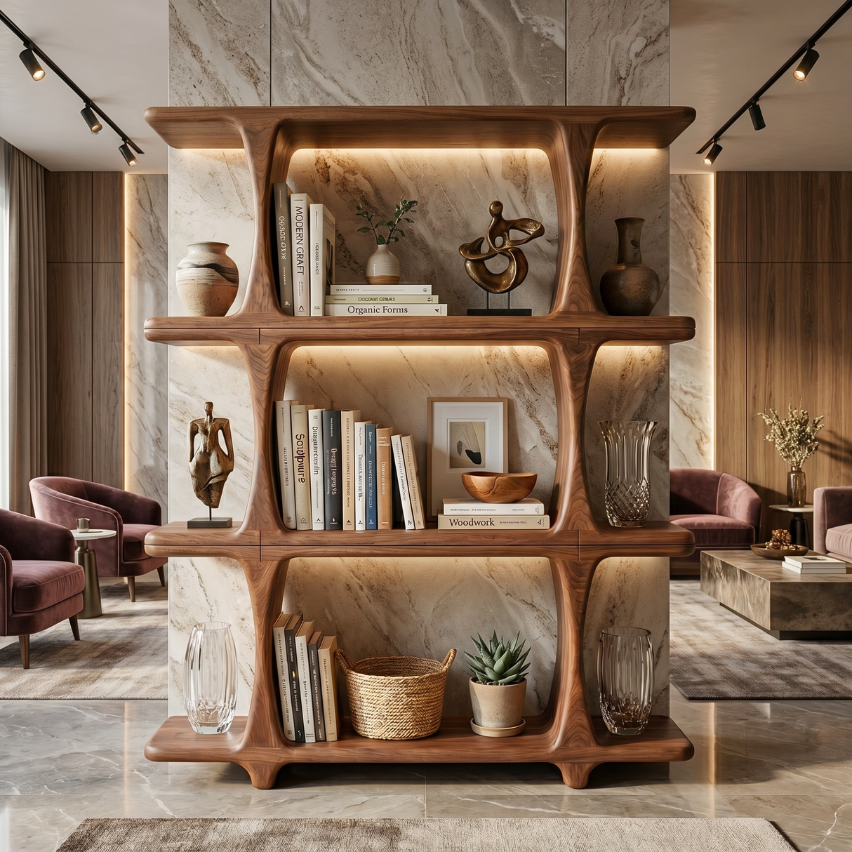Handcrafted Solid Wood Open Bookshelf with Sculptural Frame