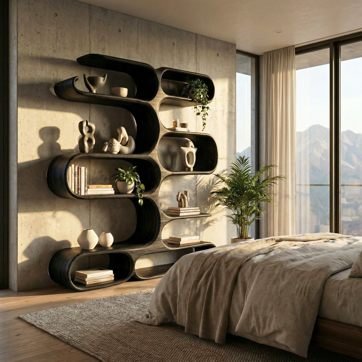 Handcrafted Solid Wood Organic Wall Bookcase with Curved Open Shelves