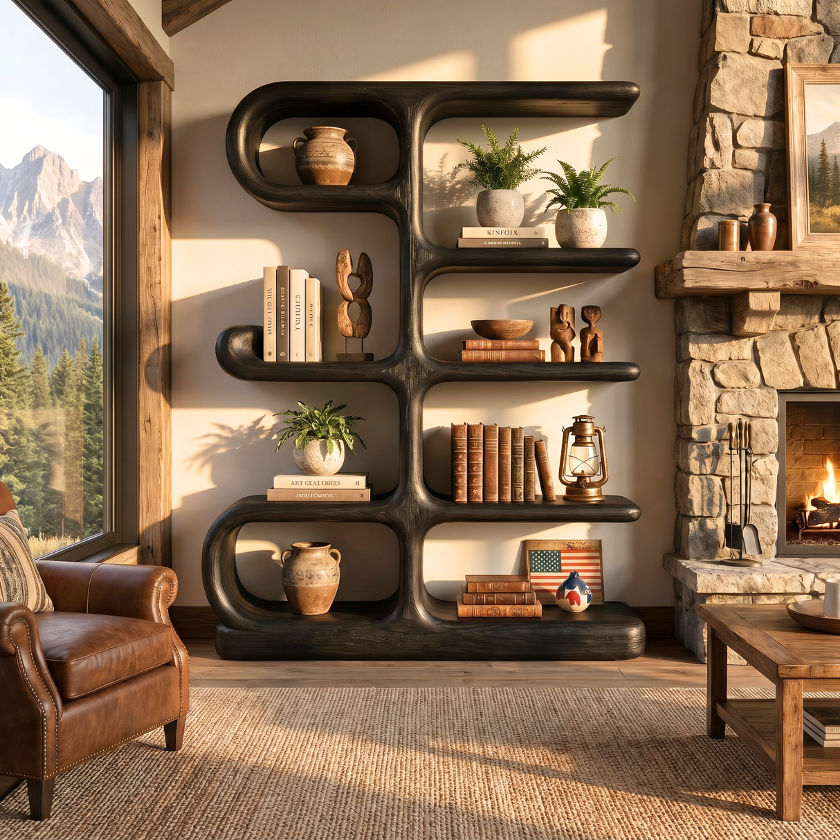 Organic Modern Wooden Bookshelf Sculptural Wall Display Shelf