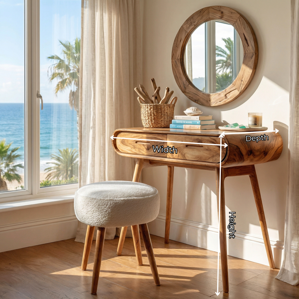 Curved Wood Vanity Table with Drawers, Mid Century Modern Dressing Table