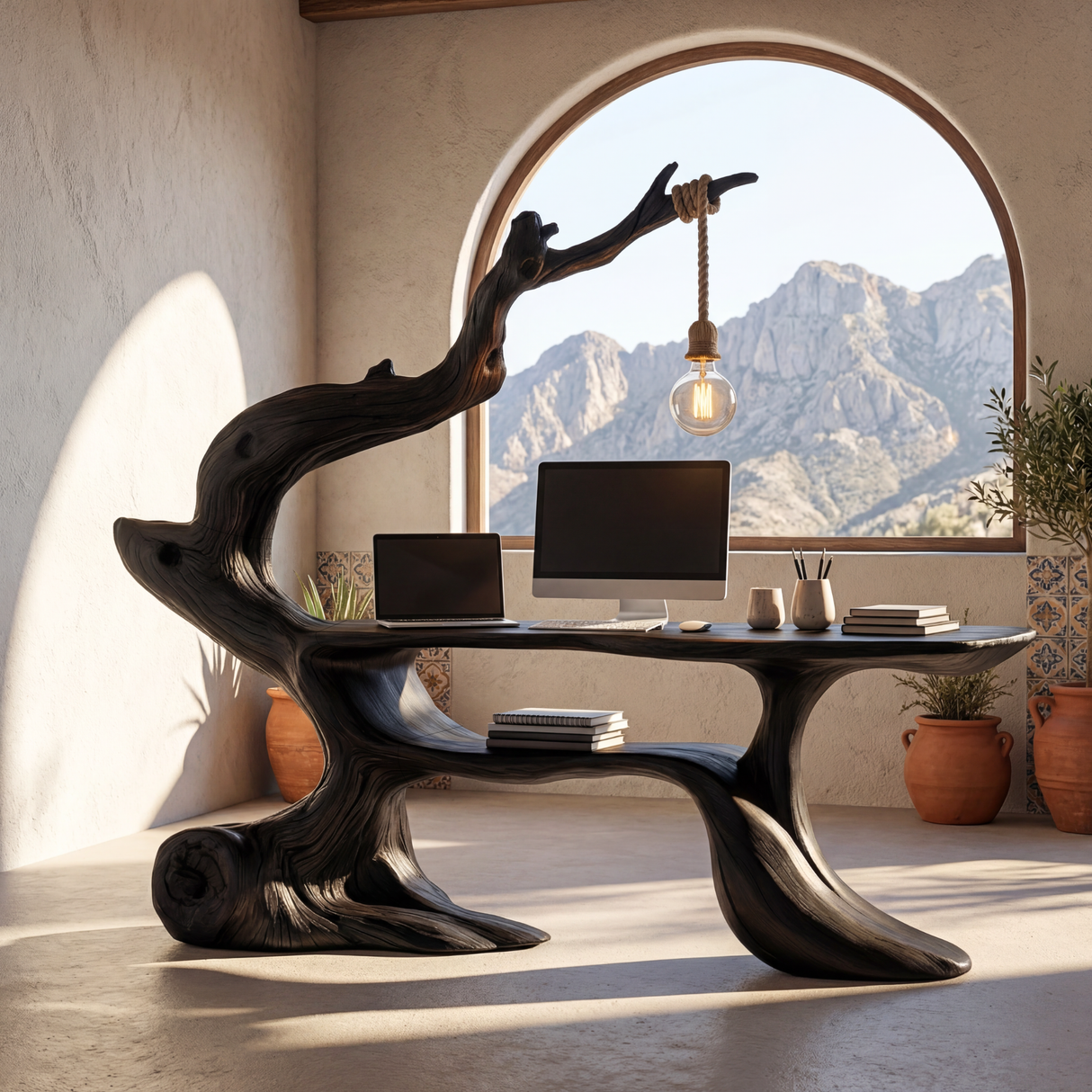 Handcrafted Sculptural Wood Desk with Hanging Light, Tree Inspired Writing Table, Artistic Statement Workspace