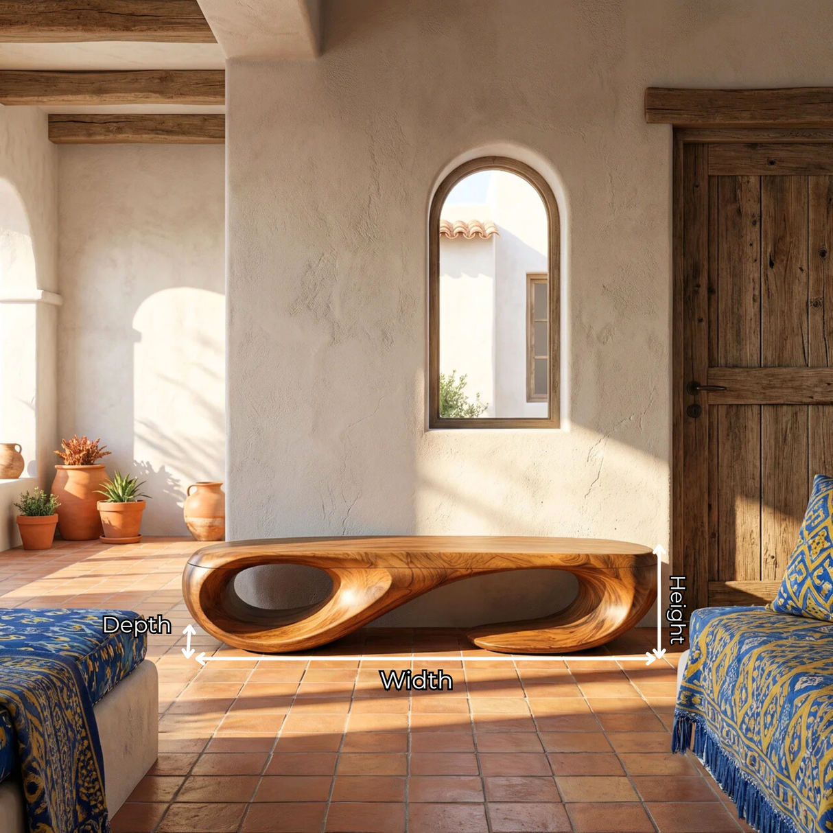 Organic Solid Wood Bench with Sculptural Double Loop Base for Modern Interiors