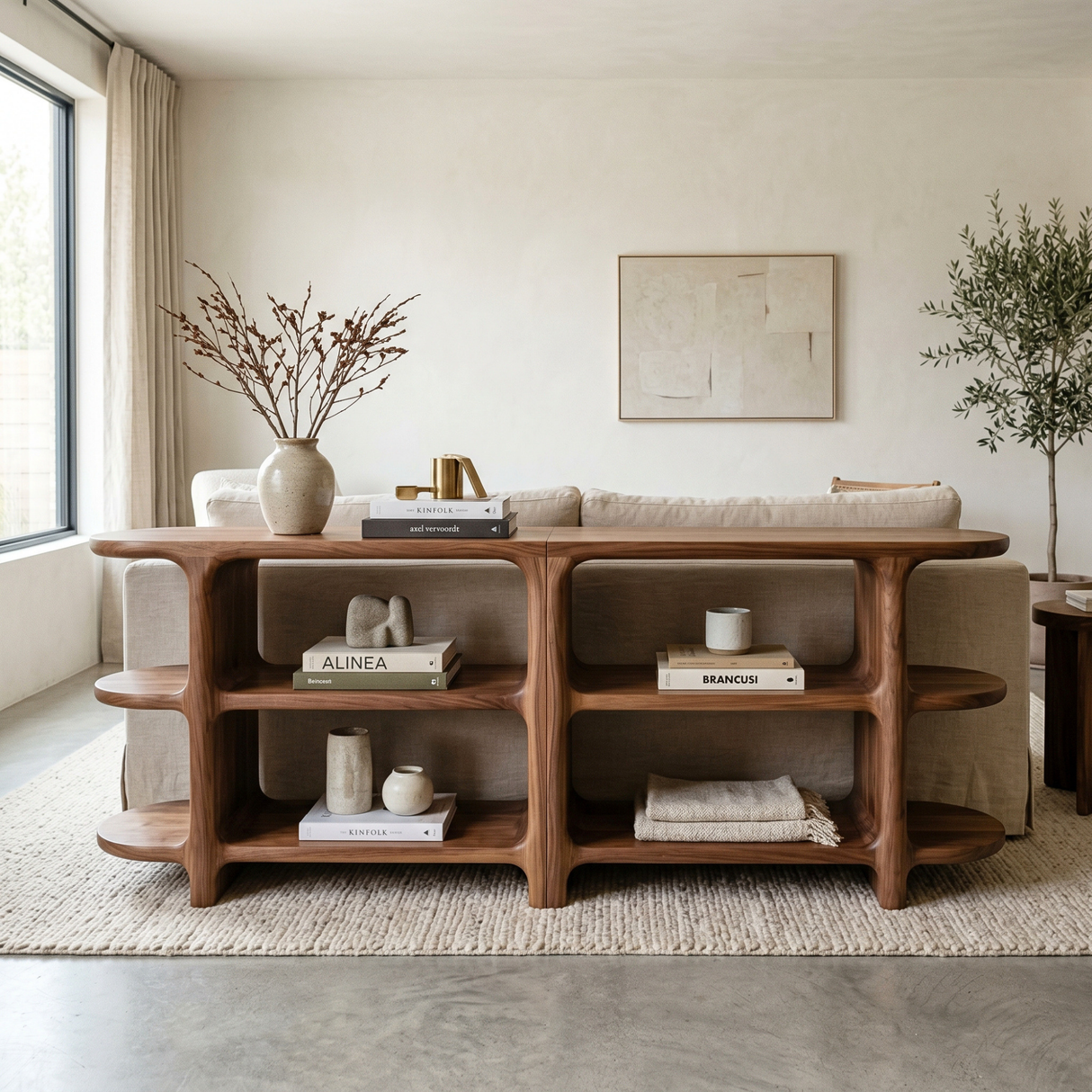 Handcrafted Solid Wood Organic Open Shelf Sideboard Console with Sculptural Curved Frame