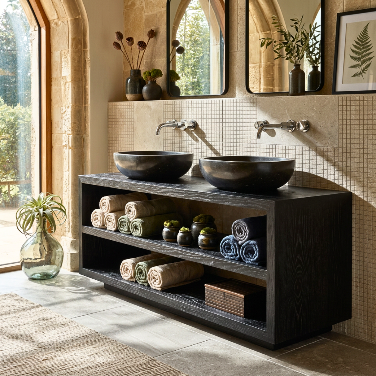 Open Shelf Wood Double Bathroom Vanity