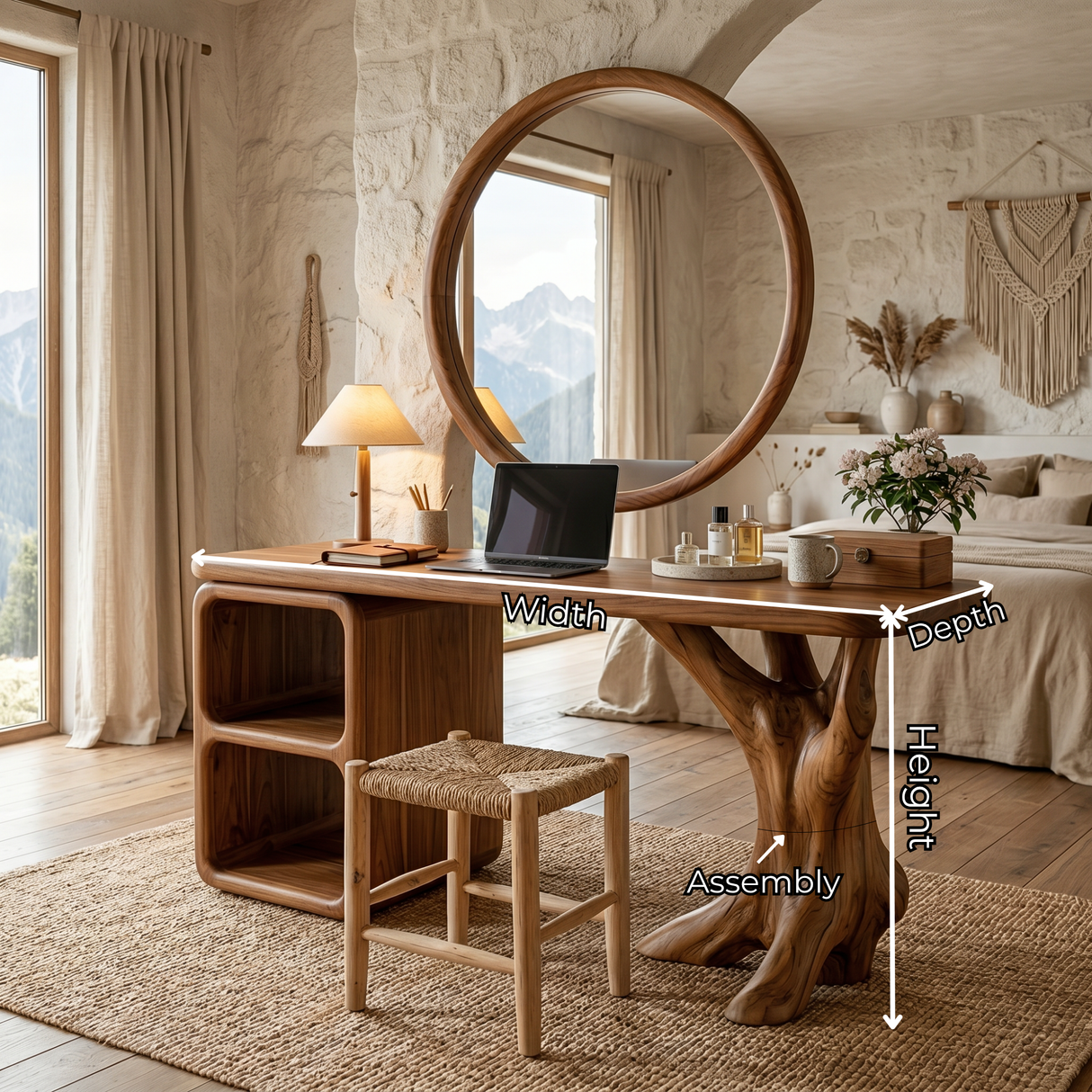 Handcrafted Solid Wood Vanity Table with Sculptural Root Base and Open Shelves
