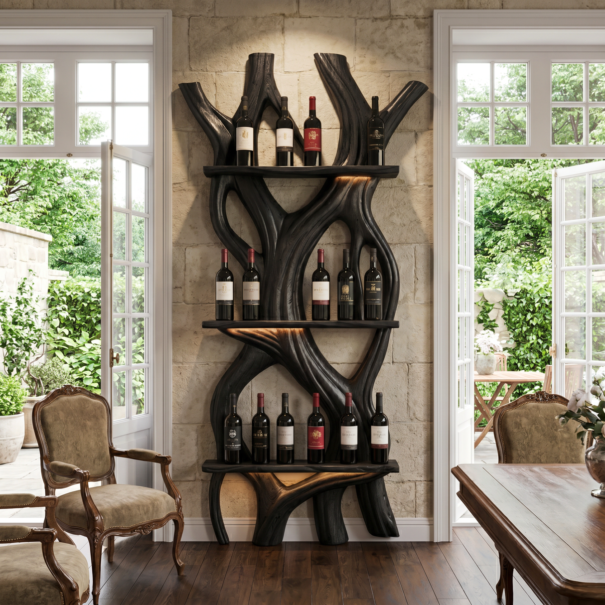Sculptural Wooden Wine Display Organic Wall Mounted Bottle Rack