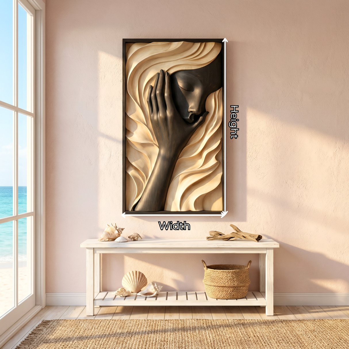 Handcrafted Solid Wood Wall Art Panel with Abstract Human Face Relief for Modern Interiors